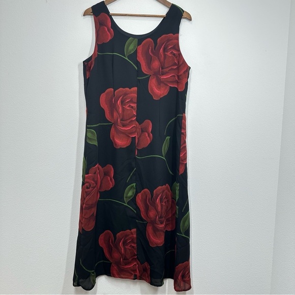 Vintage 90s Classic Red Rose Black Midi Dress Grunge Rachel Green Romantic - Picture 5 of 5